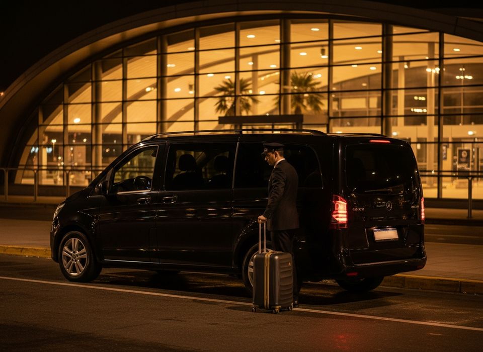 Unidad en el Aeropuerto de Ezeiza con el chofer abriendo la puerta