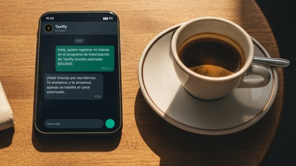 Celular con el mensaje: Hola, quiero registrar mi interés en el programa de tokenización de Taxifly (monto estimado: US$10.000)