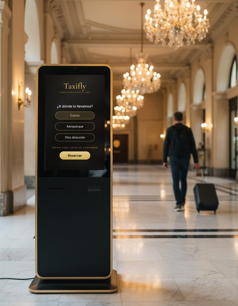 Tótem Taxifly en el lobby de un hotel: ¿A dónde lo llevamos? Ezeiza, Aeroparque, Otra dirección