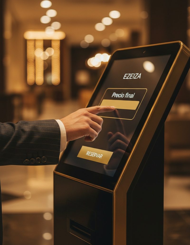 Huésped tocando la pantalla del tótem: Ezeiza, Precio final, Reservar